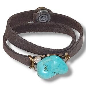 Leather Double Wrap Bracelet Turquoise Nugget Stone Boho Western 14"